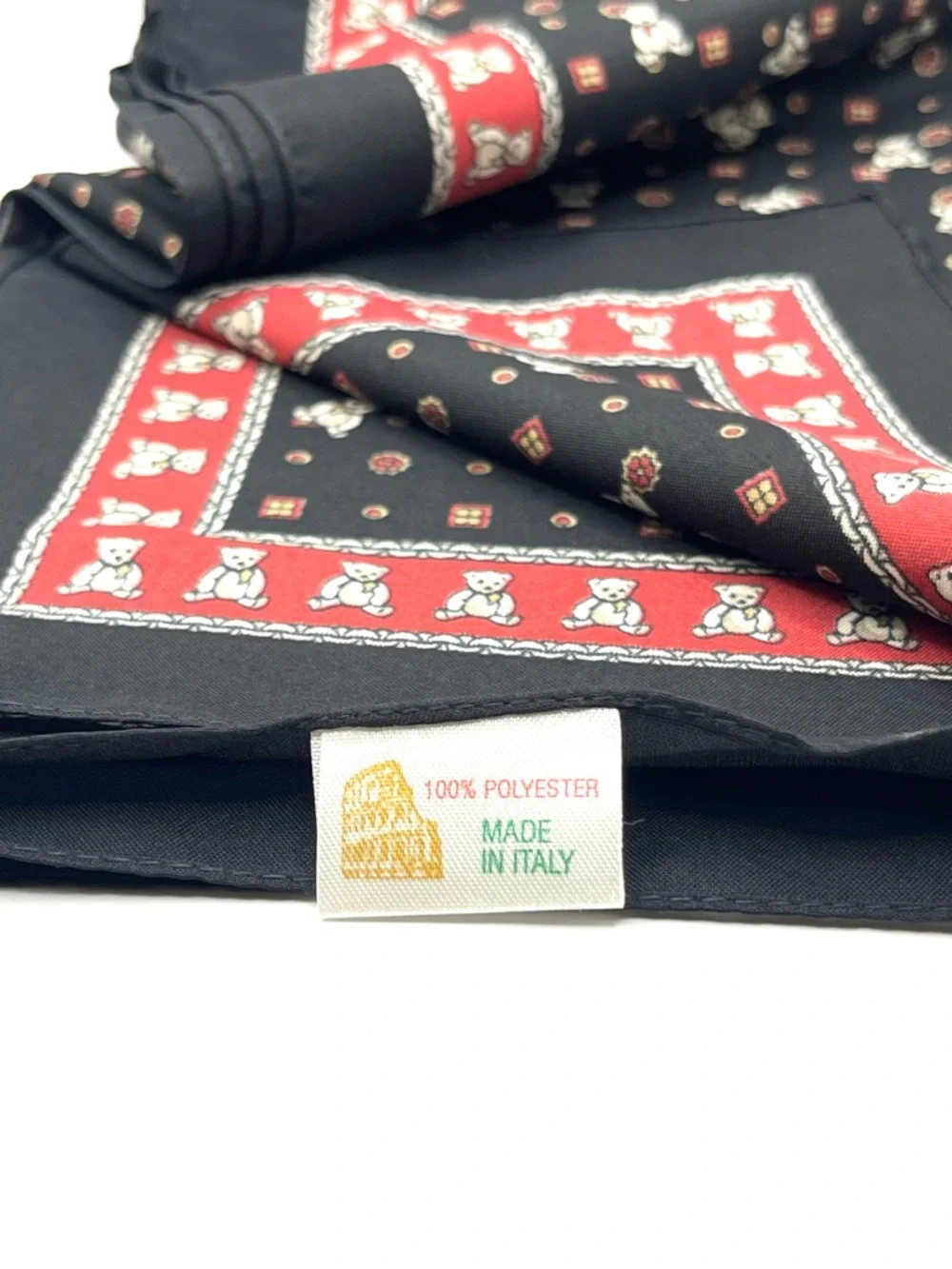Teddy Bear Print Scarf with Gold-Plated Clip Made in Italy 30 x 30